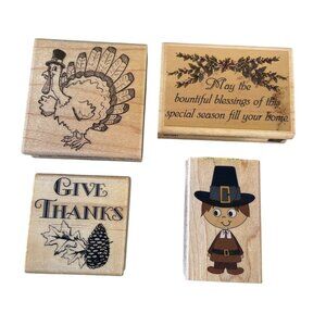 Thanksgiving Themed Wood Rubber Stamps Set Turkey Pilgrim Give Thanks Blessing